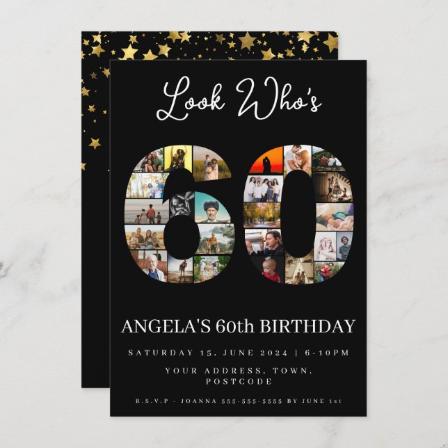 elegant black 60th birthday Photo Collage  Invitation (Front/Back)