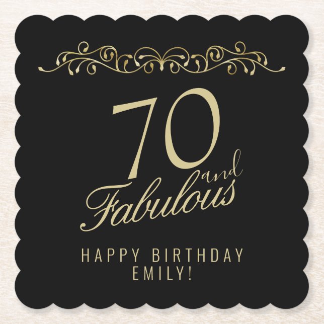 Elegant Black 70 and Fabulous 70th Birthday Party Paper Coaster (Front)