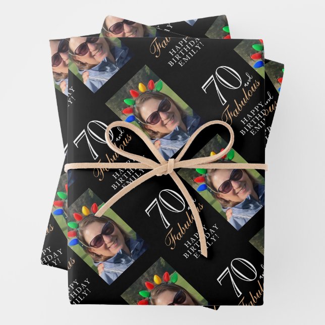Elegant Black 70 and Fabulous 70th Birthday Photo Wrapping Paper Sheet (In situ)
