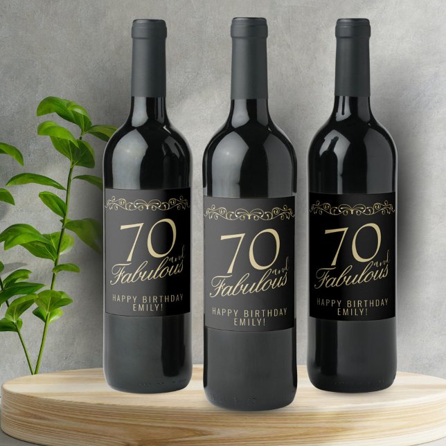 Elegant Black 70 and Fabulous 70th Birthday Wine Label (Creator Uploaded)