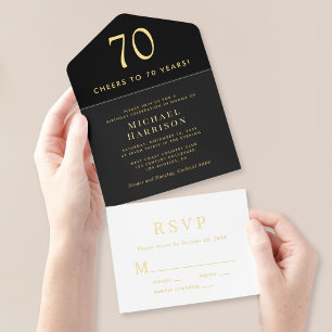 Elegant Black 70th Birthday Party All In One Invitation