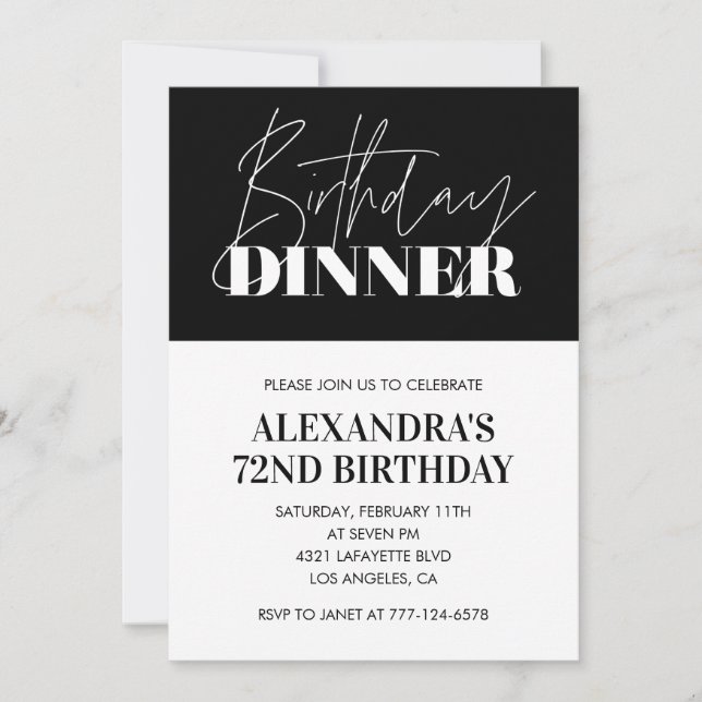 Elegant Black 72nd birthday invitations Dinner  (Front)