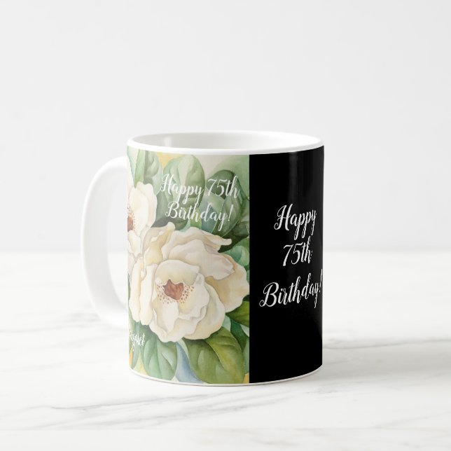 Elegant Black 75th Birthday Magnolia Floral Name Coffee Mug (Front Left)