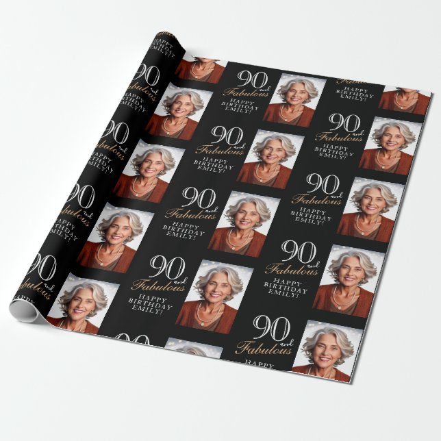 Elegant Black 90 and Fabulous 90th Birthday Photo Wrapping Paper (Unrolled)