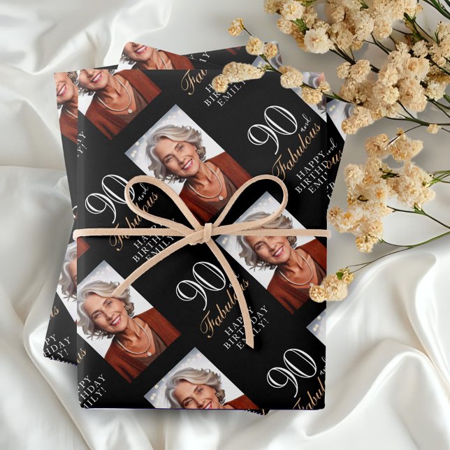 Elegant Black 90 and Fabulous 90th Birthday Photo Wrapping Paper Sheet (Creator Uploaded)