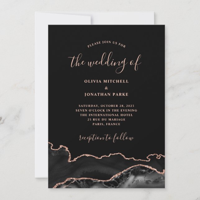Elegant Black Agate and Rose Gold | Dark Wedding Invitation (Front)