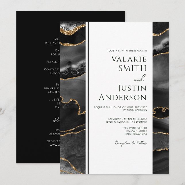 Elegant Black Agate Budget Wedding All in One Invitation (Front/Back)