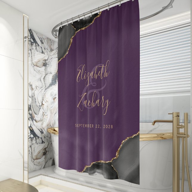 Elegant Black Agate Gold Purple Wedding Shower Curtain (Creator Uploaded)