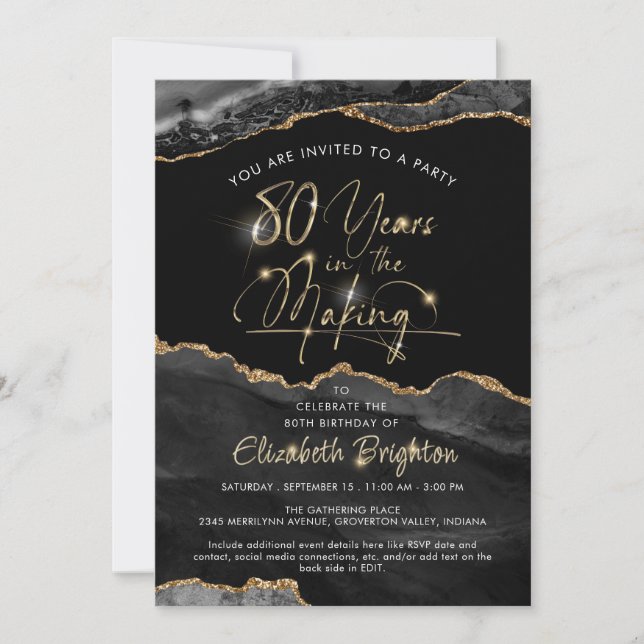 Elegant Black Agate Gold Script 80th Birthday Invitation (Front)