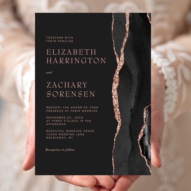 Elegant Black Agate Rose Gold Wedding Invitation (Creator Uploaded)