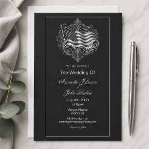 Elegant Black American Flag Military Wedding  Invitation