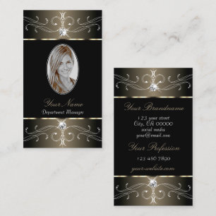 Elegant Black and Beige Ornate Ornaments Add Photo Business Card