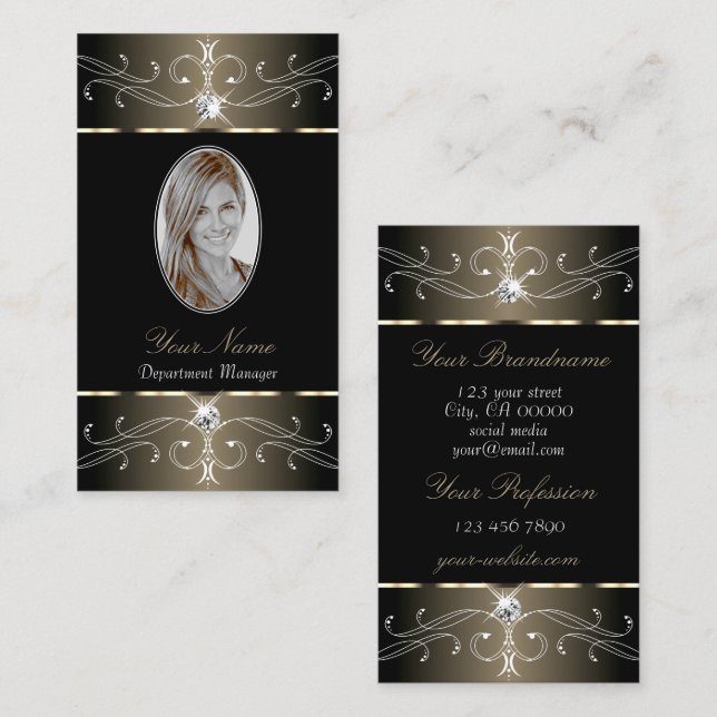 Elegant Black and Beige Ornate Ornaments Add Photo Business Card (Front/Back)