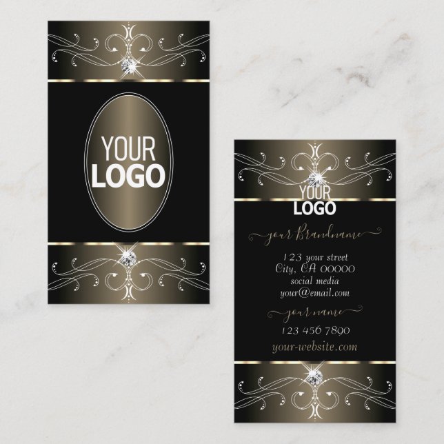 Elegant Black and Beige Ornate Ornaments with Logo Business Card (Front/Back)