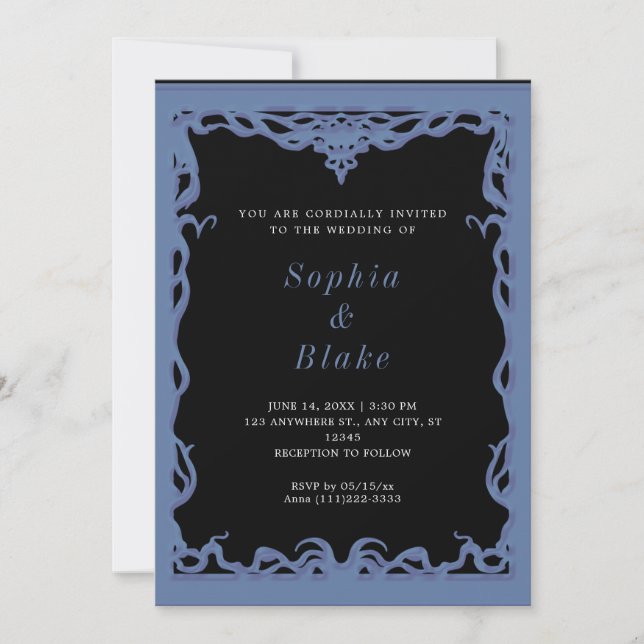 Elegant Black and Blue Art Deco Wedding Invitation (Front)