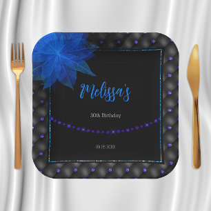 Elegant Black and Blue Birthday Paper Plate