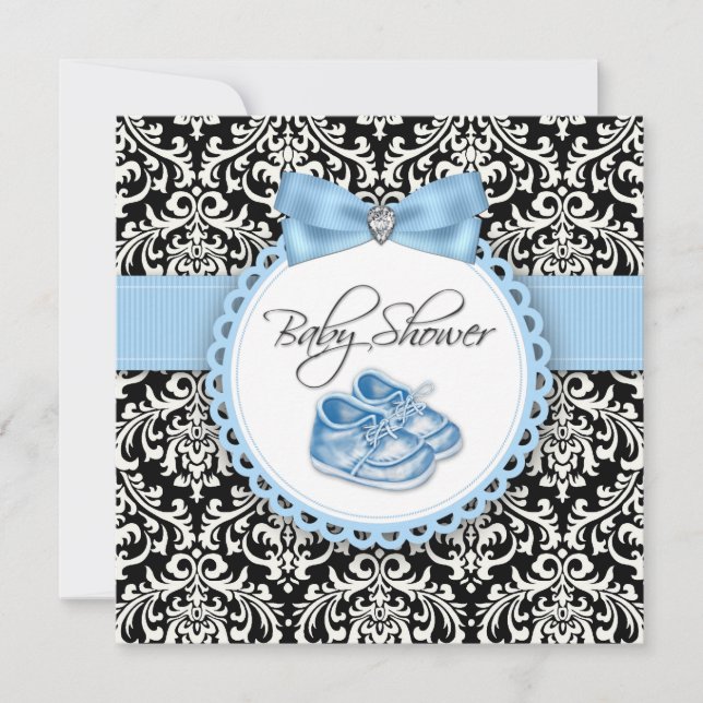 Elegant Black and Blue Damask Baby Shower Invitation (Front)