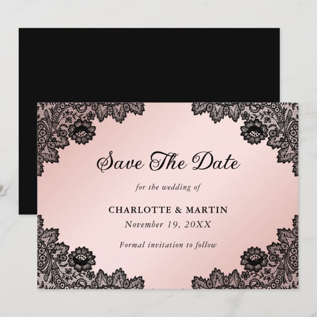 Elegant Black and Blush Floral Lace Wedding Save The Date (Front/Back)