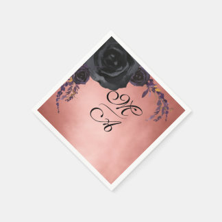 Elegant Black and Blush Floral Monogram Wedding Napkin