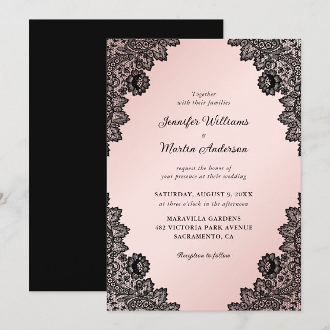 Elegant Black and Blush Pink Floral Lace Wedding Invitation (Front/Back)