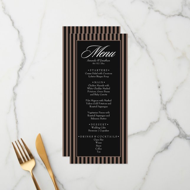 Elegant Black and Brown Vertical Stripes Wedding Menu (Front/Back In Situ)