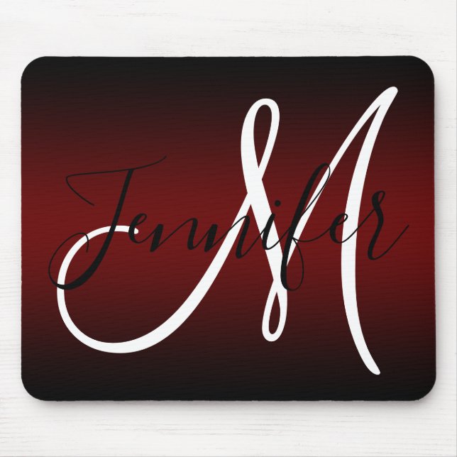 Elegant Black and Burgundy Ombre Monogram Mouse Mat (Front)