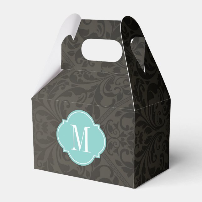 Elegant Black and Dark Grey Damask with Monogram Favour Box (Front Side)