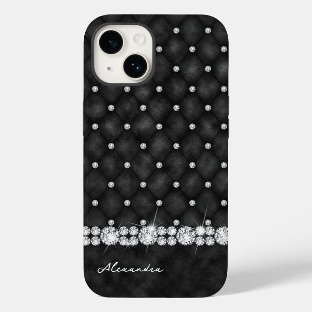 Elegant Black and Diamond Faux Glitter Monogram Case-Mate iPhone Case (Back)