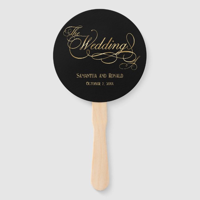 Elegant Black and Faux Gold Calligraphy Wedding Hand Fan (Front)