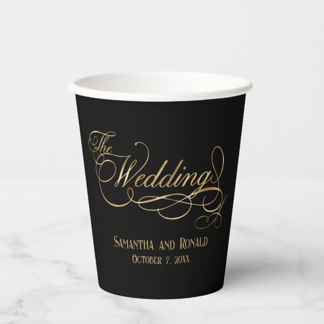 Elegant Black and Faux Gold Calligraphy Wedding  Paper Cups (Front)