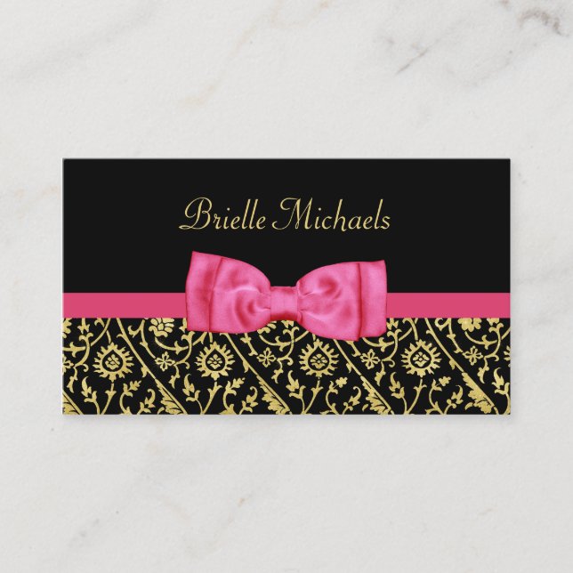 Elegant Black and Faux Gold Damask Hot Pink Bow Business Card (Front)
