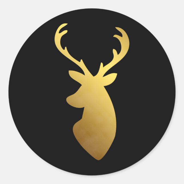 Elegant Black and Faux Gold Foil Deer Head Classic Round Sticker (Front)
