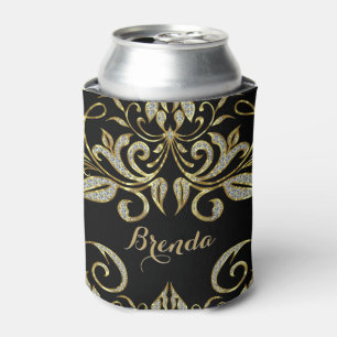 Elegant Black And Faux Gold & Glitter Can Cooler