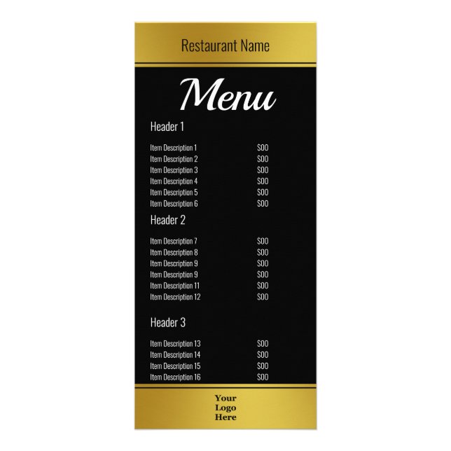 Elegant Black and Faux Gold Your Logo Here Menu (Front)
