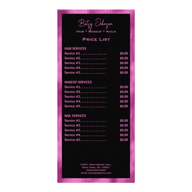 Elegant Black and Faux Hot Pink Foil Rack Card (Front)