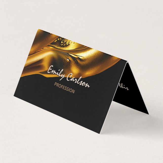 Elegant black and faux liquid gold business card (Front)