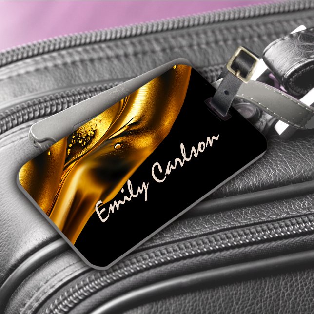 Elegant black and faux liquid gold luggage tag (Creator Uploaded)