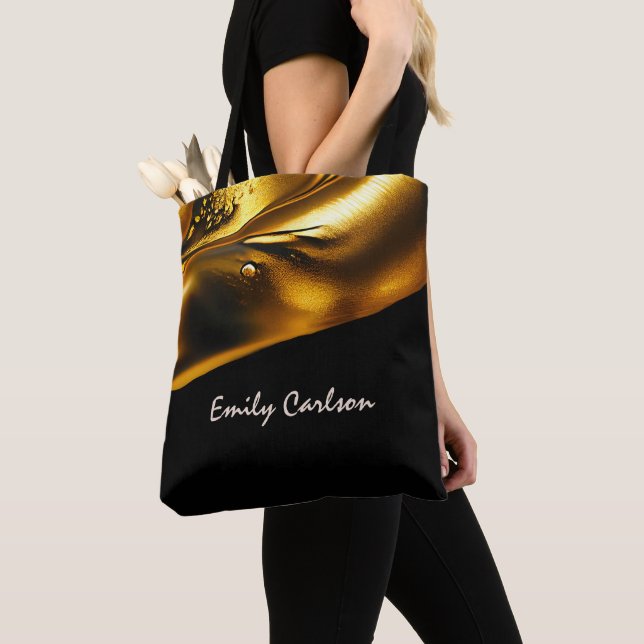 Elegant black and faux liquid gold tote bag (Close Up)