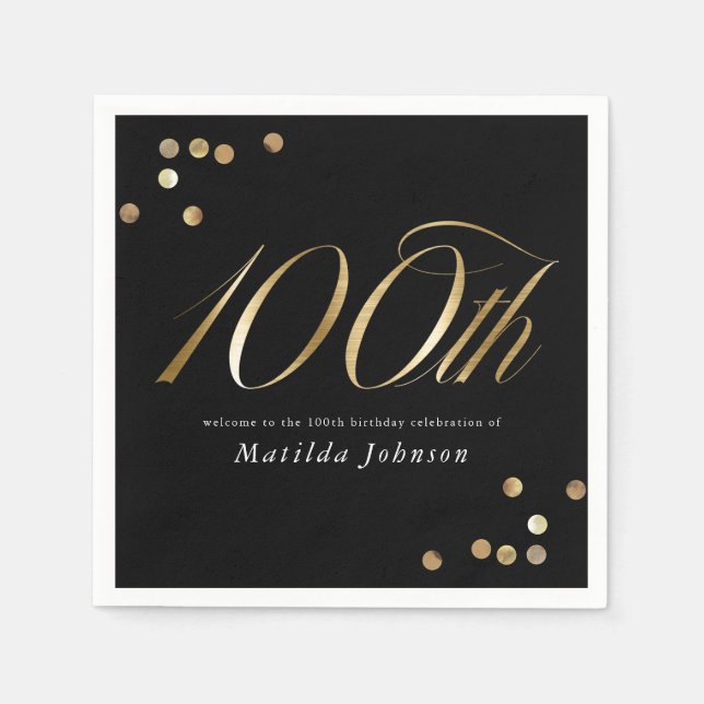Elegant Black and Gold 100th Birthday Party Napkin (Front)