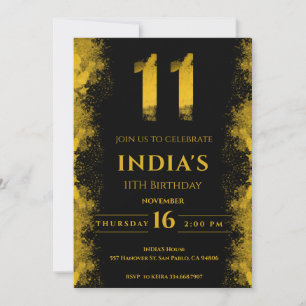 Elegant Black And Gold 11th Birthday Party Invitation