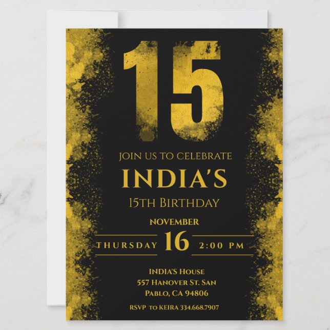 Elegant Black And Gold 15th Birthday Party Invitation (Front)
