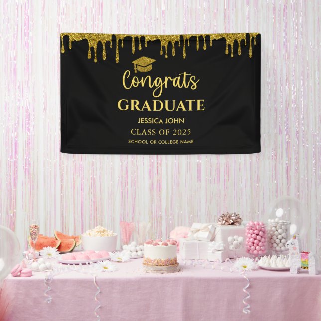 Elegant Black and Gold 2025 Congrats Graduation  Banner (Party)