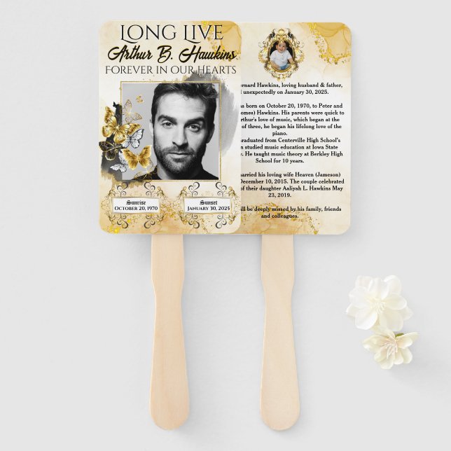Elegant Black and Gold 2 Photos Funeral/Memorial Hand Fan (Front and Back)