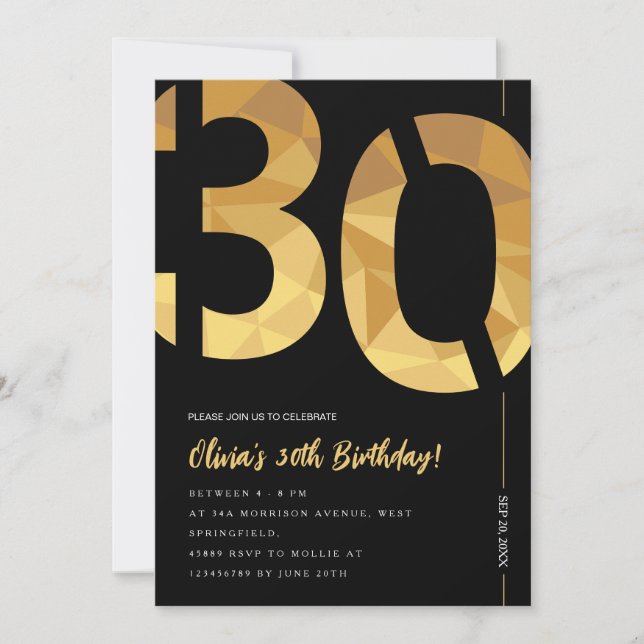 Elegant black and gold 30th Birthday Party Invitation (Front)