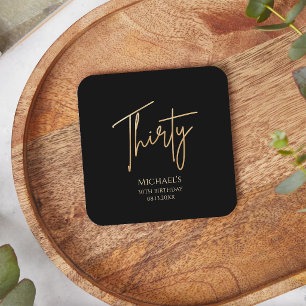 Elegant Black and Gold 30th Birthday Party Square Paper Coaster