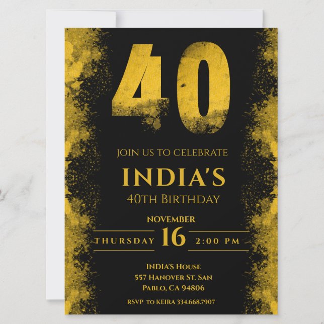 Elegant Black And Gold 40th Birthday Party Invitation (Front)