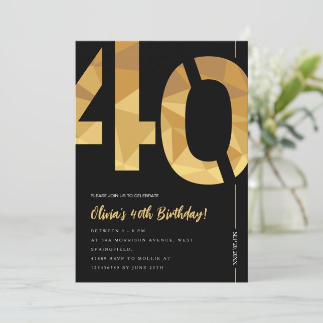 Elegant black and gold 40th Birthday Party Invitation (Standing Front)