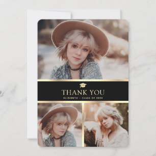 Elegant Black and Gold 4 Photo Graduation Thank You Card