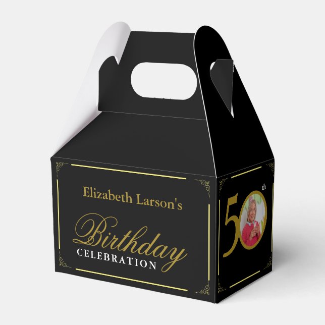 Elegant Black and Gold 50th Birthday Invitation Favour Box (Front Side)