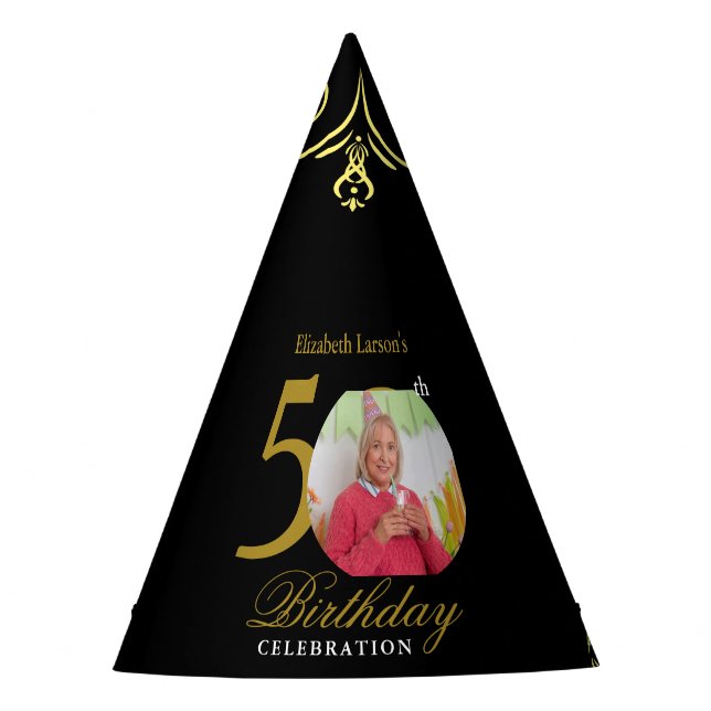 Elegant Black and Gold 50th Birthday Invitation Party Hat (Front)